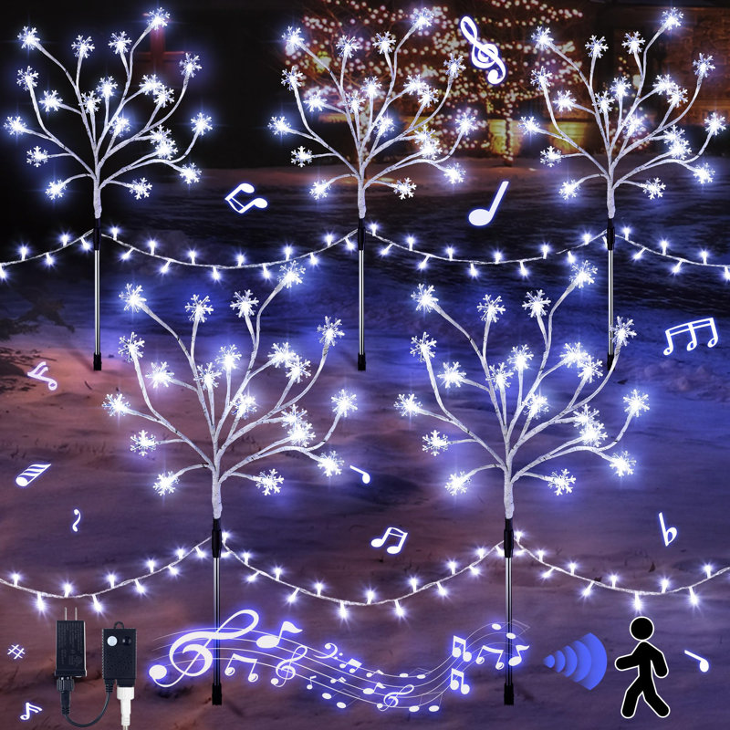 Enhon 5 Pack Snowflake Christmas Pathway Lights 180 LED Garden Stake Lights with Christmas Theme Music Waterproof Xmas Decoration Tree Light for